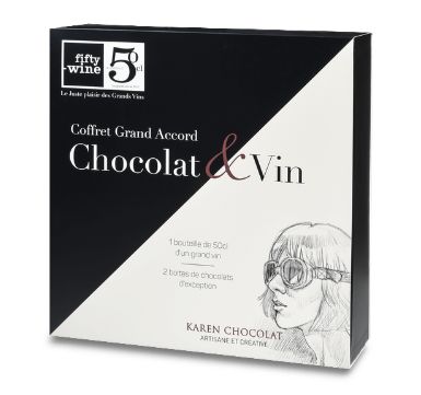 Coffret grand accord Chocolat & Vin - 273g (1 bouteille 50cl + 1 boite ganaches pure origine + 1 boite palets pure origine)